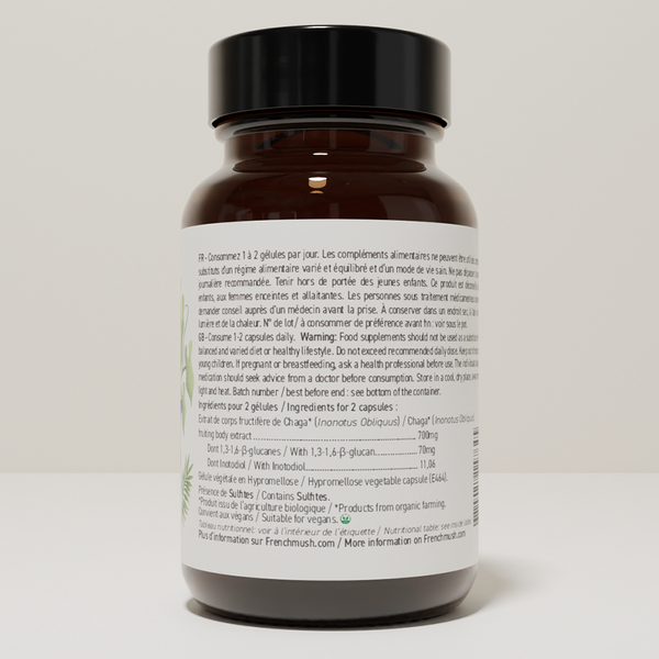 French Mush compléments alimentaires à base d'extraits de champignons médicinaux biologiques fabriqués en France Chaga, votre allié beauté ! - gélules -