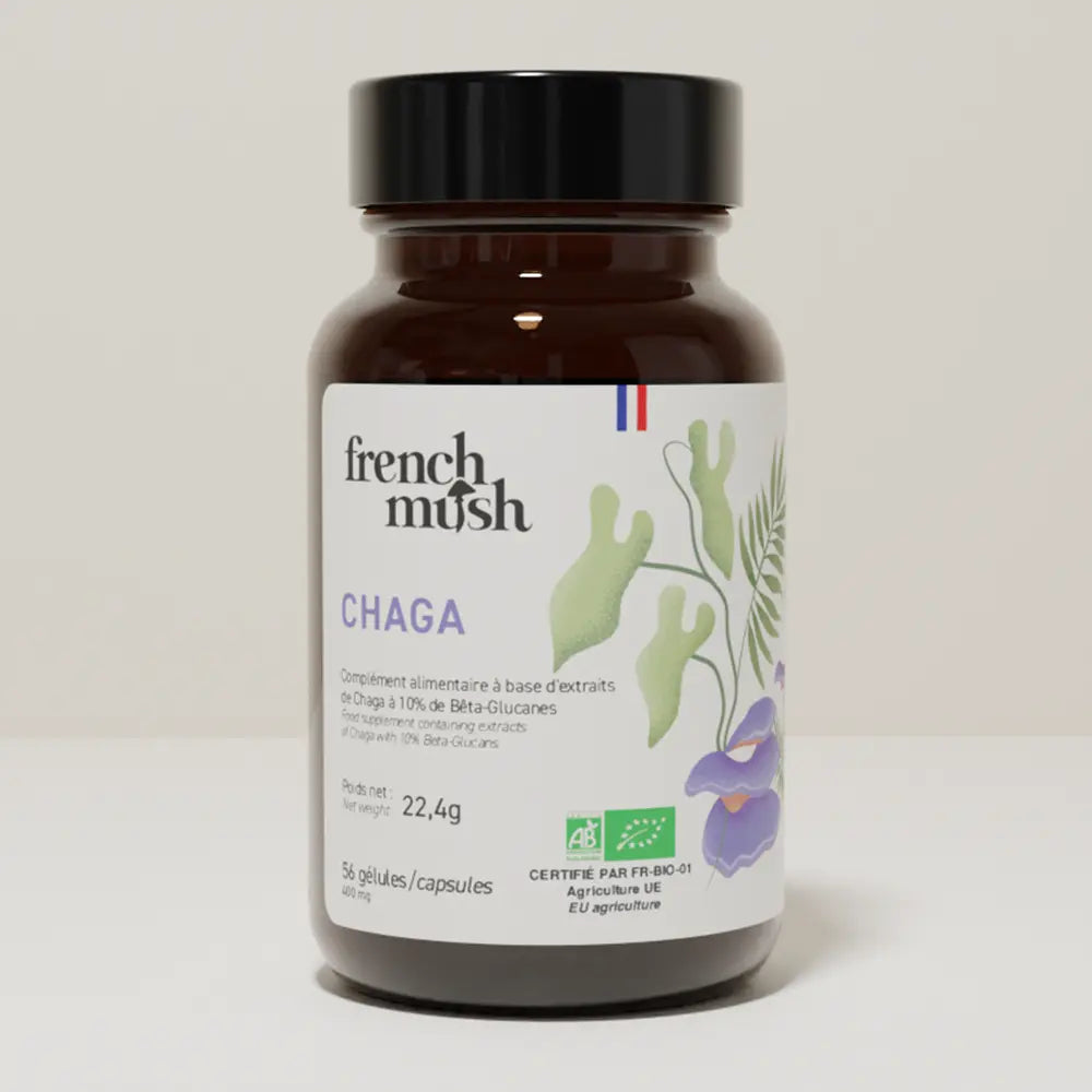 French Mush compléments alimentaires à base d'extraits de champignons médicinaux biologiques fabriqués en France Chaga, votre allié beauté ! - gélules -