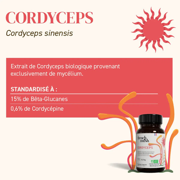 French Mush compléments alimentaires à base d'extraits de champignons médicinaux biologiques fabriqués en France Le Cordyceps - gélules -
