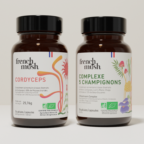 French Mush compléments alimentaires à base d'extraits de champignons médicinaux biologiques fabriqués en France Complexe Champignons 5 - Cordyceps - gélules -