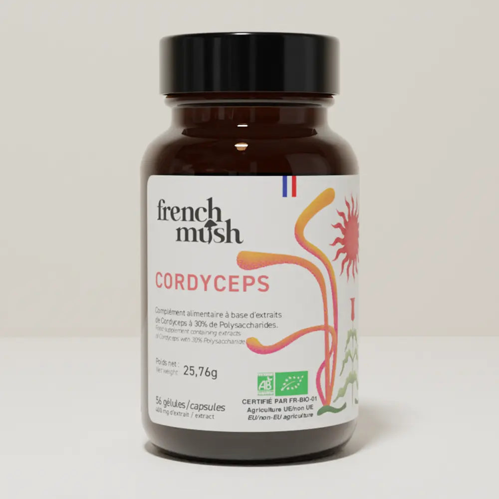 French Mush compléments alimentaires à base d'extraits de champignons médicinaux biologiques fabriqués en France Maximisez Votre Performance Sportive avec le Cordyceps - gélules -