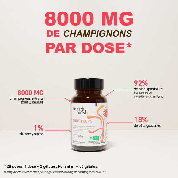 French Mush compléments alimentaires à base d'extraits de champignons médicinaux biologiques fabriqués en France - 800mg d'extraits concentrés par dose - Cordyceps
