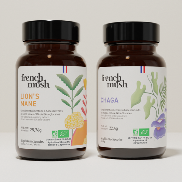 French Mush compléments alimentaires à base d'extraits de champignons médicinaux biologiques fabriqués en France Le Pack Focus et Immunité Gélules - gélules -
