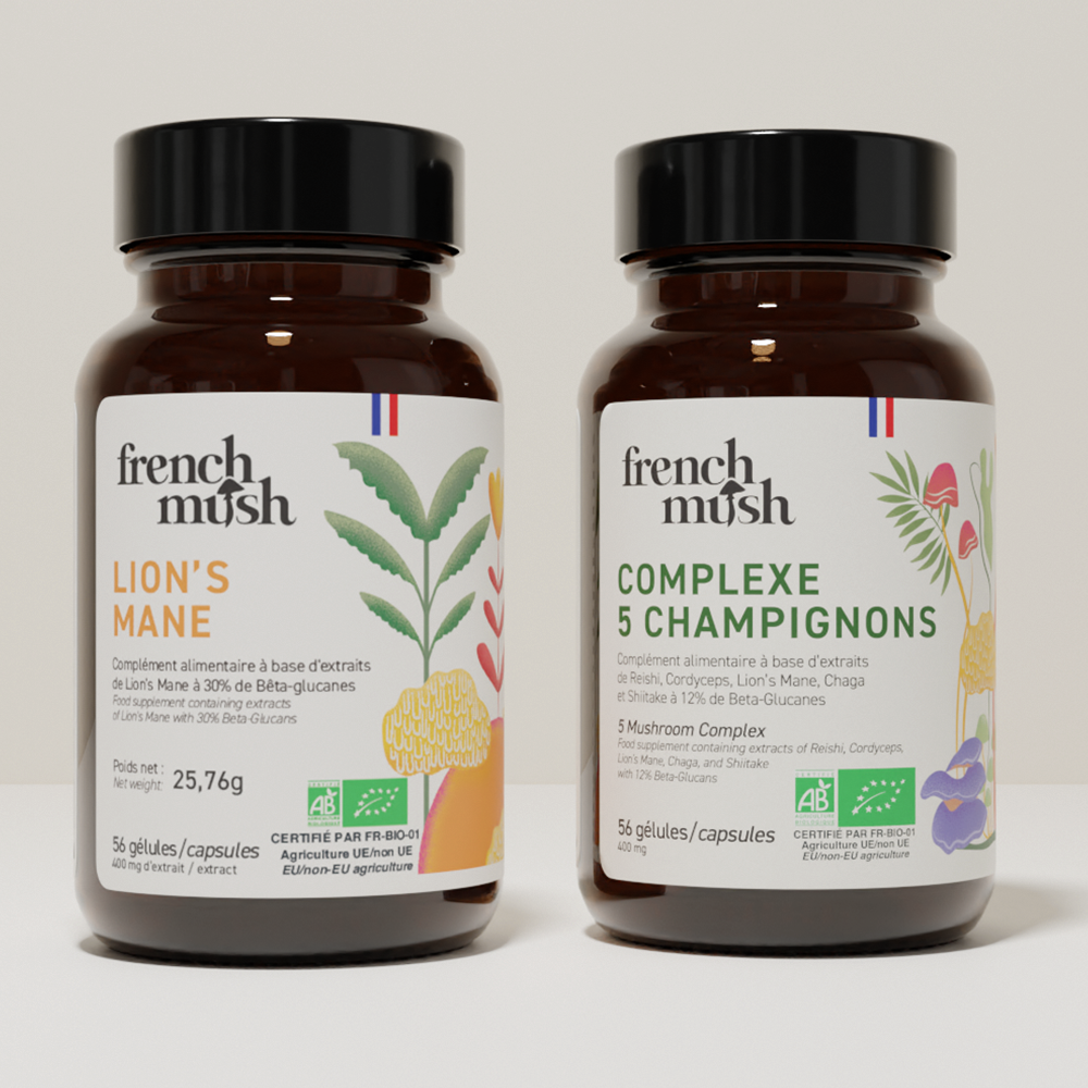 French Mush compléments alimentaires à base d'extraits de champignons médicinaux biologiques fabriqués en France Complexe Champignons 5 - Lion's Mane - gélules -