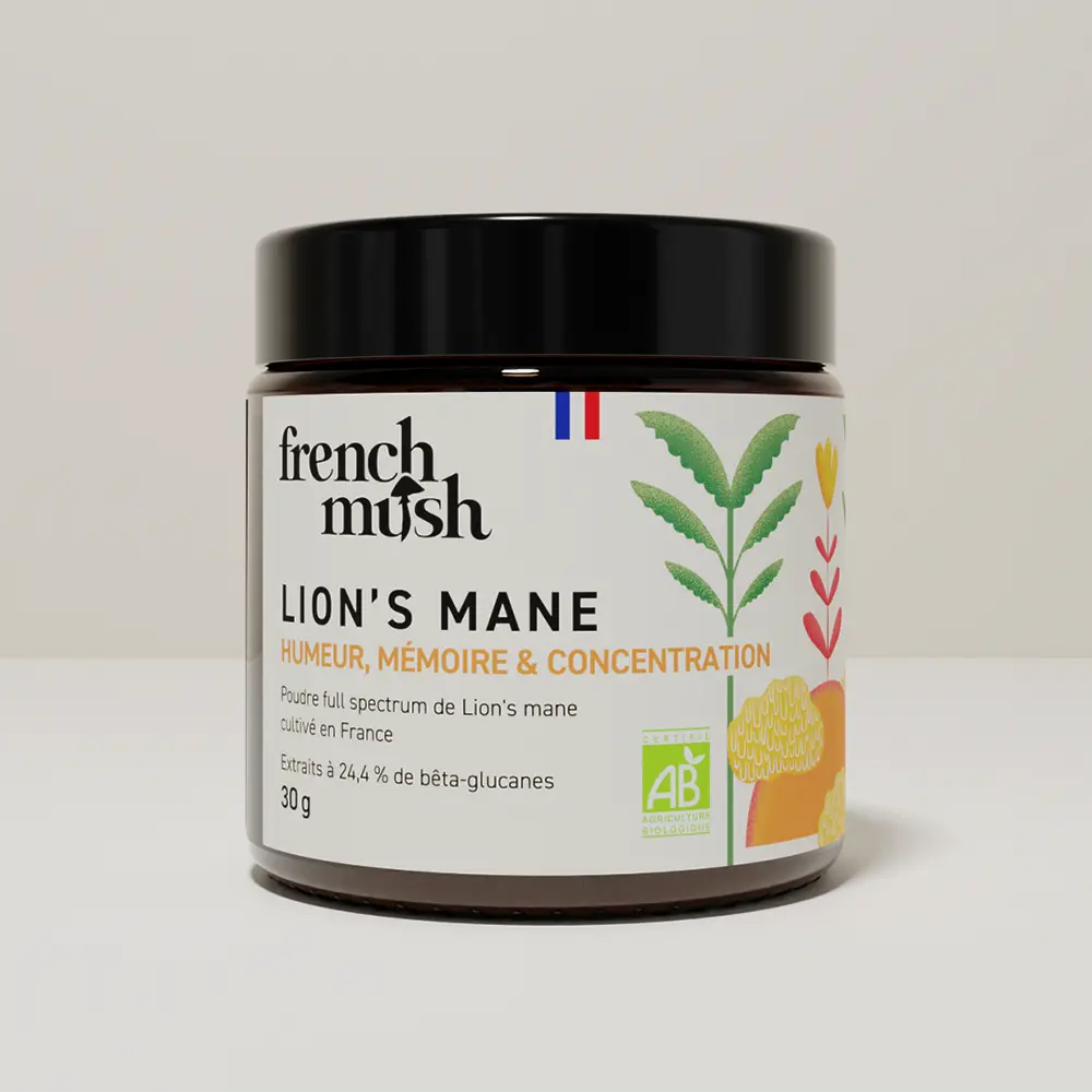 French Mush compléments alimentaires à base d'extraits de champignons médicinaux biologiques fabriqués en France Le Lion’s Mane - Concentration - poudre - gélules -
