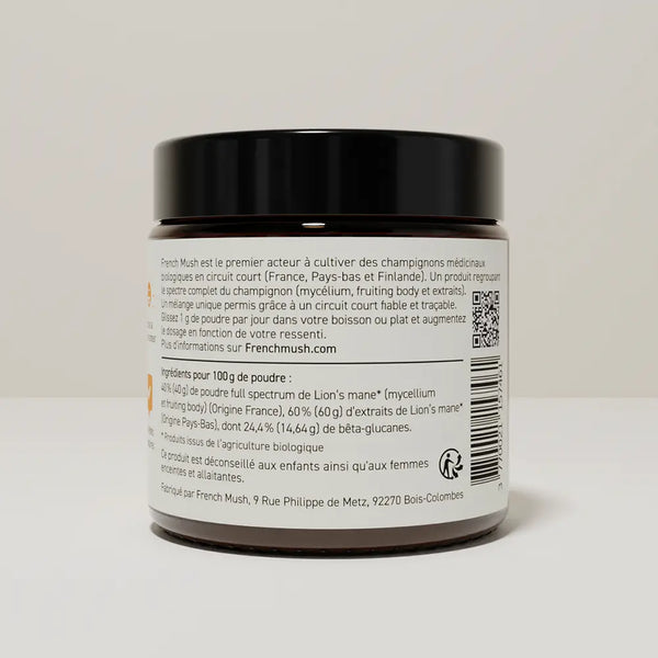 French Mush compléments alimentaires à base d'extraits de champignons médicinaux biologiques fabriqués en France Le Lion’s Mane - Concentration - poudre - gélules -