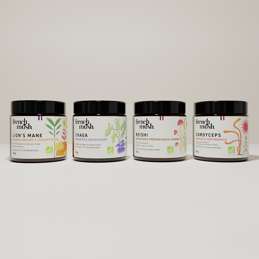 French Mush compléments alimentaires à base d'extraits de champignons médicinaux biologiques fabriqués en France Le pack French Mush extraits en poudres - poudre -