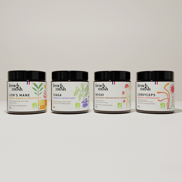 French Mush compléments alimentaires à base d'extraits de champignons médicinaux biologiques fabriqués en France Le pack French Mush extraits en poudres - poudre -