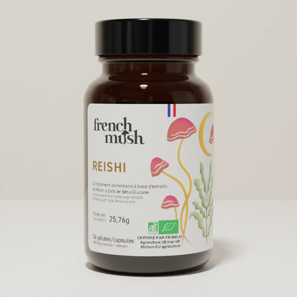 French Mush compléments alimentaires à base d'extraits de champignons médicinaux biologiques fabriqués en France Le Reishi - gélules -