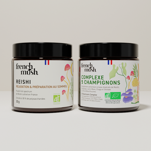 French Mush compléments alimentaires à base d'extraits de champignons médicinaux biologiques fabriqués en France Complexe Champignons 5 - Reishi en poudres - poudre -