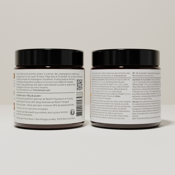 French Mush compléments alimentaires à base d'extraits de champignons médicinaux biologiques fabriqués en France Complexe Champignons 5 - Reishi en poudres - poudre -