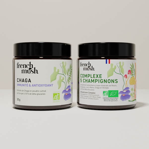 French Mush compléments alimentaires à base d'extraits de champignons médicinaux biologiques fabriqués en France Complexe Champignons 5 - Chaga en poudres - poudre -