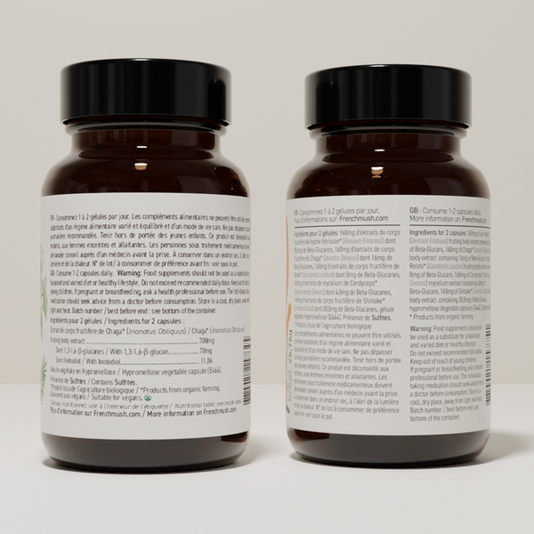 French Mush compléments alimentaires à base d'extraits de champignons médicinaux biologiques fabriqués en France Complexe Champignons 5 - Chaga - gélules -
