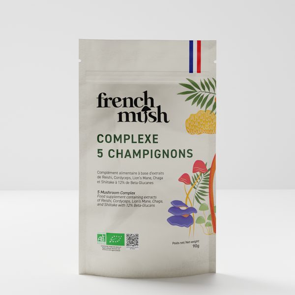 French Mush compléments alimentaires à base d'extraits de champignons médicinaux biologiques fabriqués en France Complexe 5 Champignons en poudres - poudre - 90G