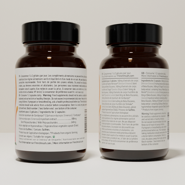 French Mush compléments alimentaires à base d'extraits de champignons médicinaux biologiques fabriqués en France Complexe Champignons 5 - Cordyceps - gélules -