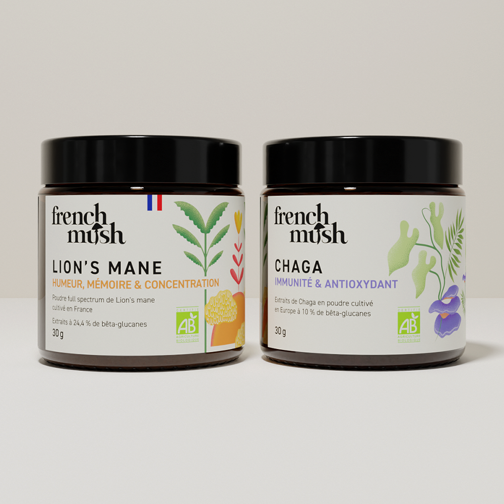French Mush compléments alimentaires à base d'extraits de champignons médicinaux biologiques fabriqués en France Le Pack Focus et Immunité extraits en poudres - poudre -