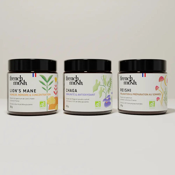French Mush compléments alimentaires à base d'extraits de champignons médicinaux biologiques fabriqués en France Le Pack Immunité et Stress Poudres - poudre -