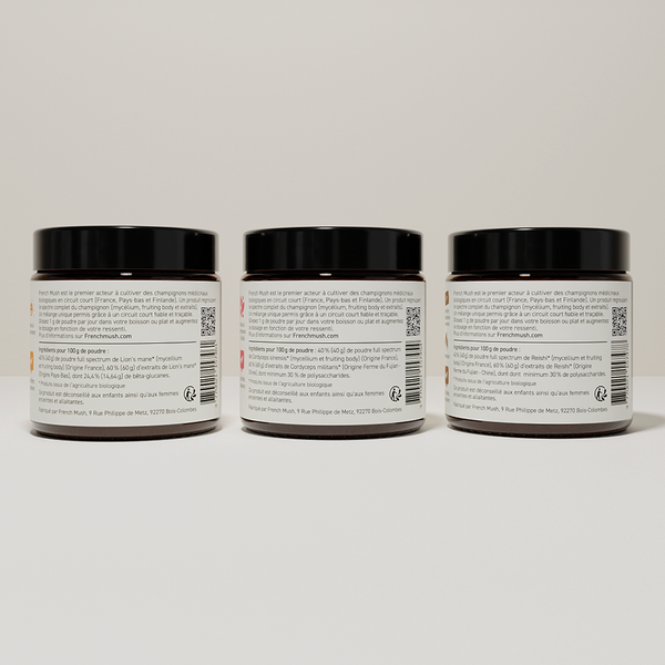 French Mush compléments alimentaires à base d'extraits de champignons médicinaux biologiques fabriqués en France Le Pack Santé Mentale et Énergie extraits en poudres - poudre -