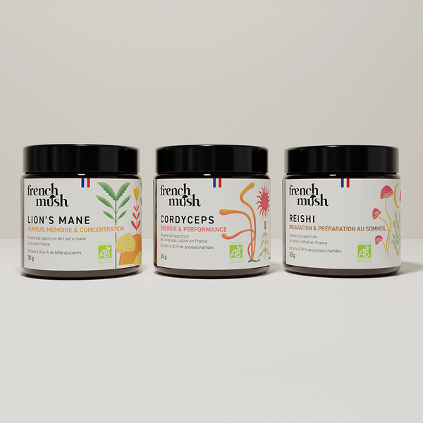 French Mush compléments alimentaires à base d'extraits de champignons médicinaux biologiques fabriqués en France Le Pack Santé Mentale et Énergie extraits en poudres - poudre -