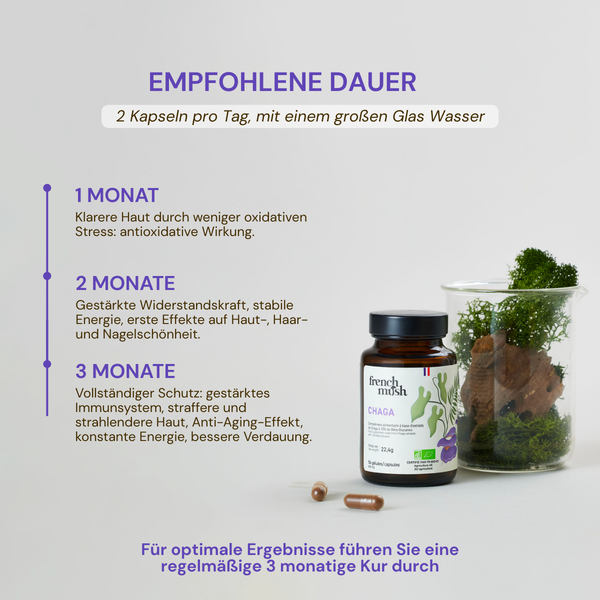 French Mush compléments alimentaires à base d'extraits de champignons médicinaux biologiques fabriqués en France -Durée de recommandation- CHAGA