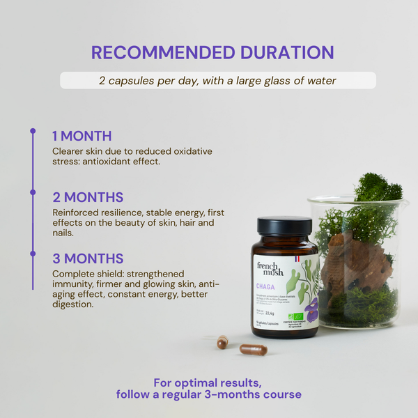 French Mush compléments alimentaires à base d'extraits de champignons médicinaux biologiques fabriqués en France -Durée de recommandation- CHAGA