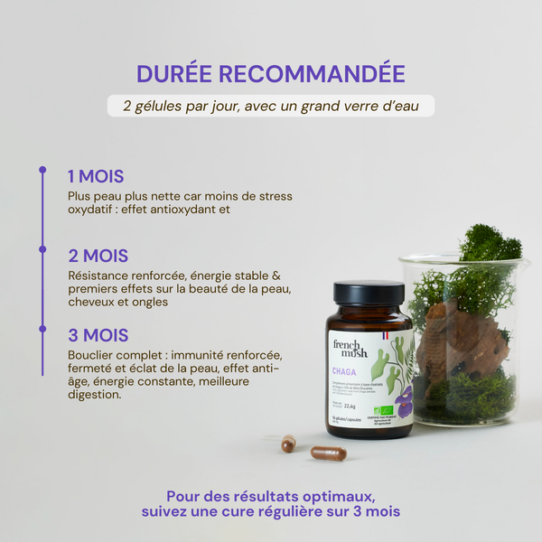 French Mush compléments alimentaires à base d'extraits de champignons médicinaux biologiques fabriqués en France -Durée de recommandation- CHAGA