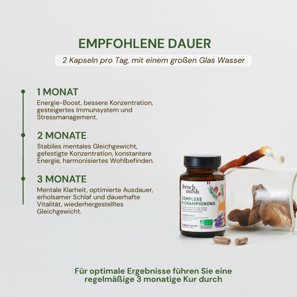French Mush compléments alimentaires à base d'extraits de champignons médicinaux biologiques fabriqués en France -Durée de recommandation- Complexe_5_champignons