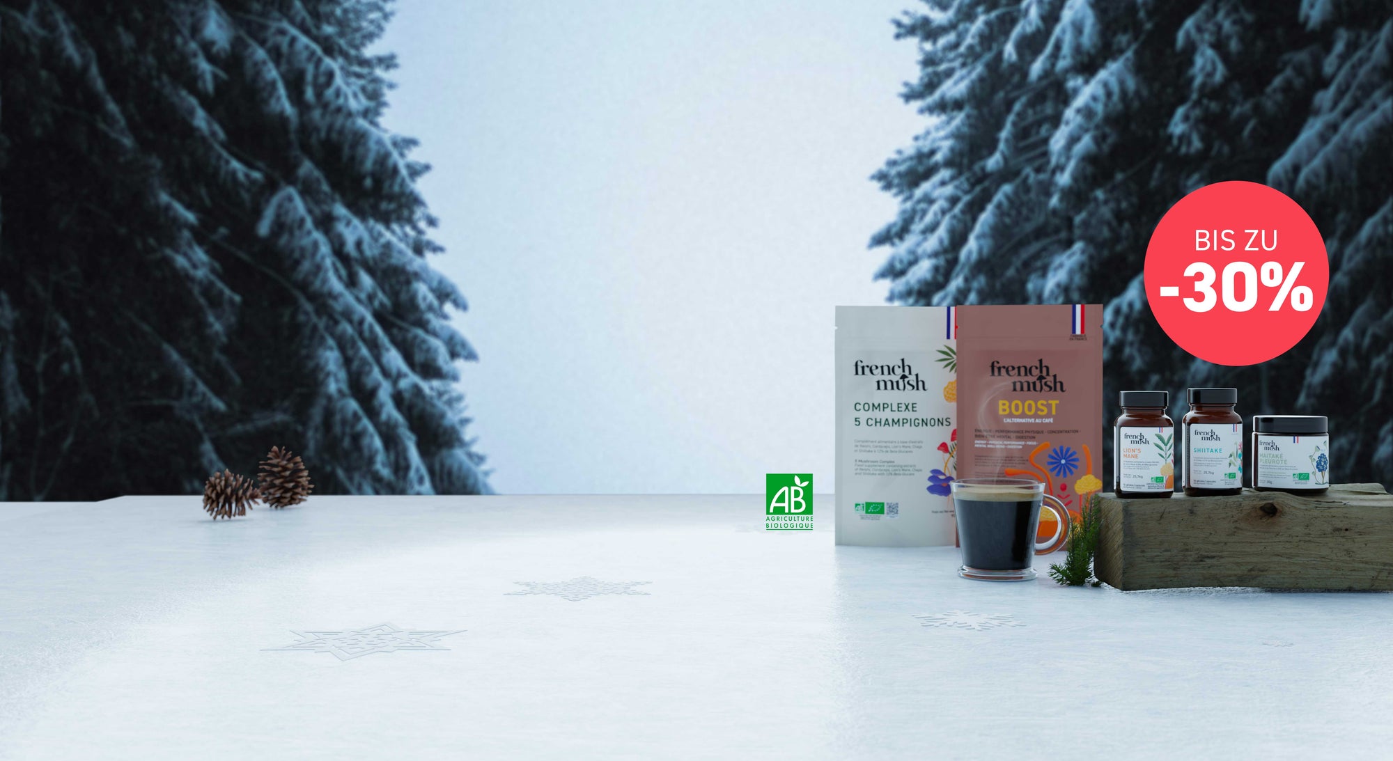 French Mush Nahrungsergänzungsmittel aus biologischen Extrakten medizinischer Pilze, hergestellt in Frankreich — Hero-Banner Mush Days Winterschlussverkauf