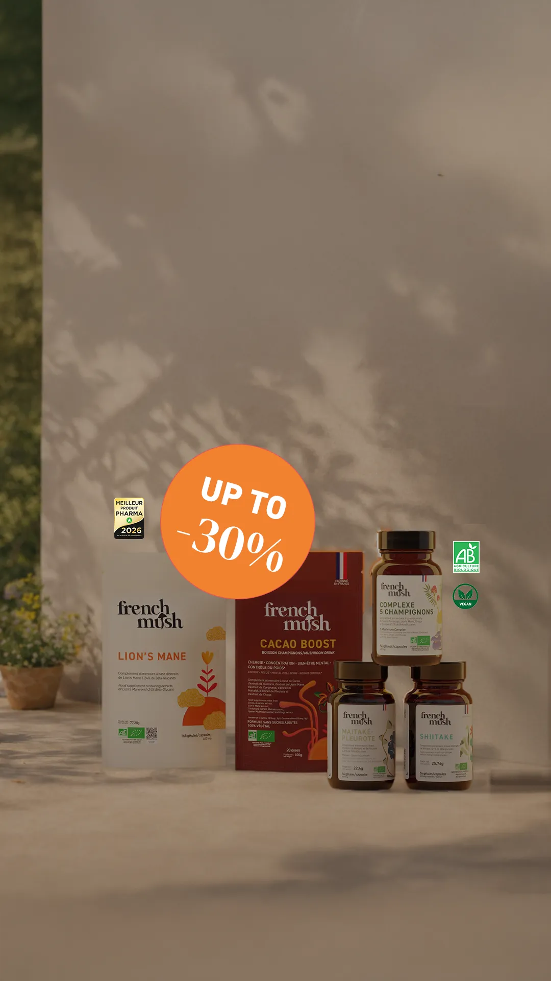 French Mush dietary supplements made from organic medicinal mushroom extracts produced in France – spring mushdays – March 2026
4 to 8 times more effective
The most concentrated product in Europe
Grown in France and Finland
Patented extraction