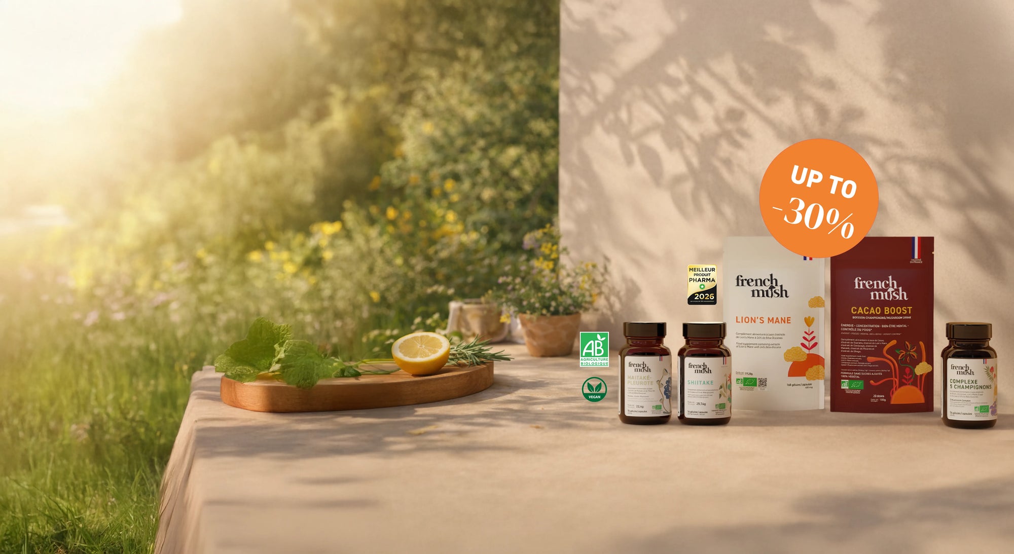 French Mush dietary supplements made from organic medicinal mushroom extracts produced in France – spring mushdays – March 2026
4 to 8 times more effective
The most concentrated product in Europe
Grown in France and Finland
Patented extraction