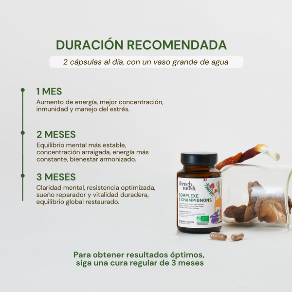 French Mush compléments alimentaires à base d'extraits de champignons médicinaux biologiques fabriqués en France -Durée de recommandation- Complexe_5_champignons