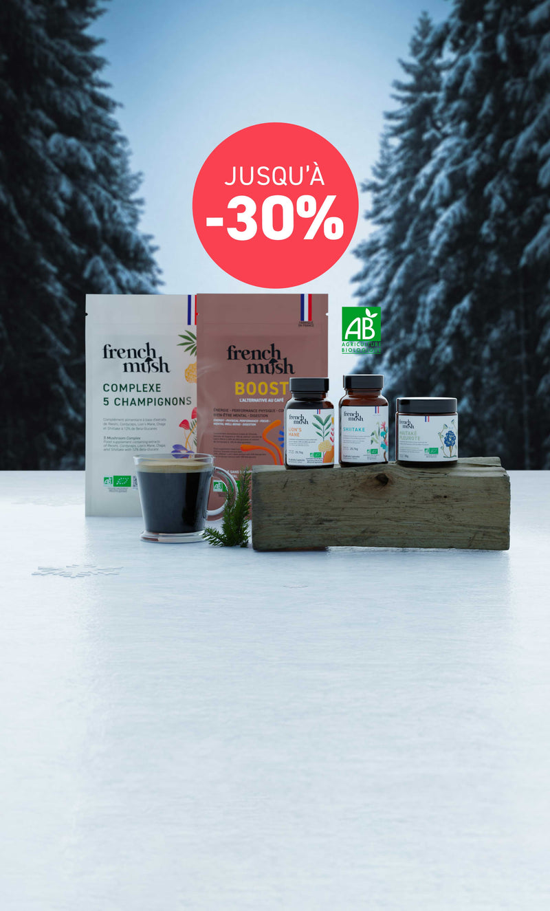 French Mush compléments alimentaires à base d'extraits de champignons médicinaux biologiques fabriqués en France - hero banner Mush Days soldes d'hiver 