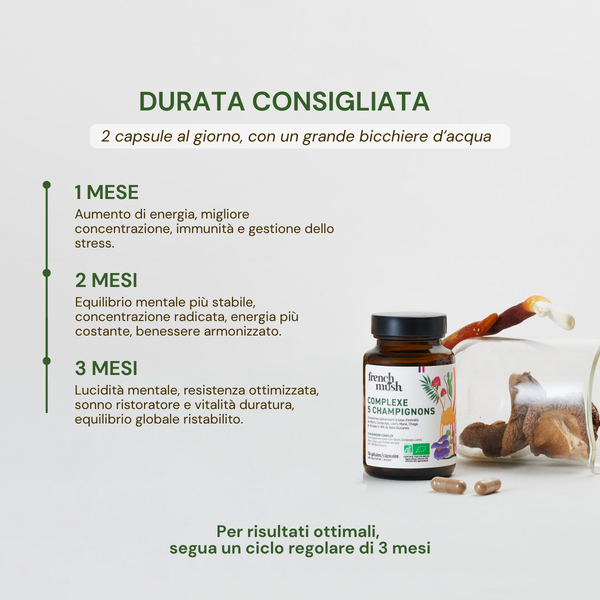 French Mush compléments alimentaires à base d'extraits de champignons médicinaux biologiques fabriqués en France -Durée de recommandation- Complexe_5_champignons