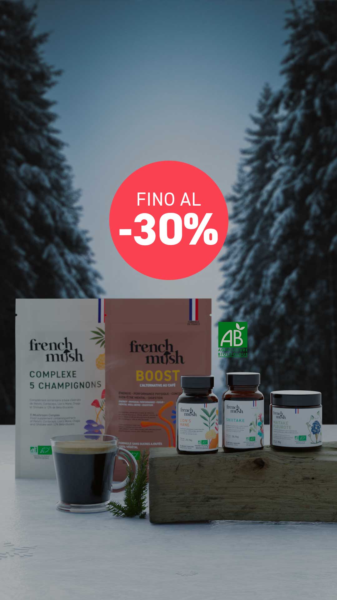 French Mush integratori alimentari a base di estratti di funghi medicinali biologici prodotti in Francia — hero banner Mush Days saldi invernali