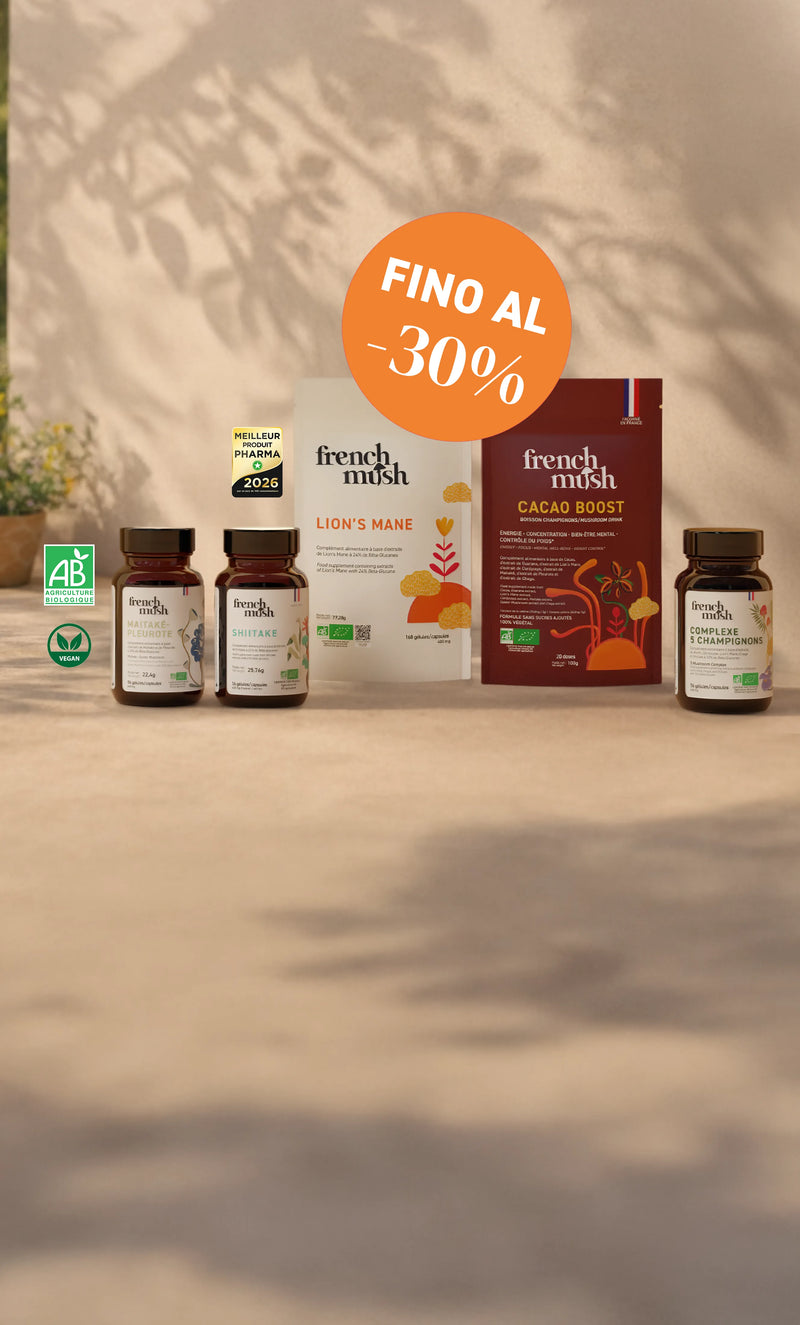 French Mush integratori alimentari a base di estratti di funghi medicinali biologici prodotti in Francia – mushdays di primavera – marzo 2026
Da 4 a 8 volte più efficace
Il prodotto più concentrato d’Europa
Coltivato in Francia e in Finlandia
Estrazione brevettata