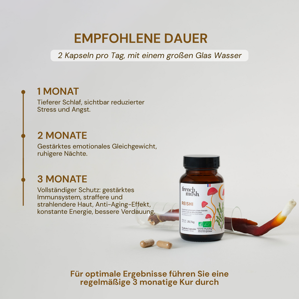 French Mush compléments alimentaires à base d'extraits de champignons médicinaux biologiques fabriqués en France -Durée de recommandation- REISHI