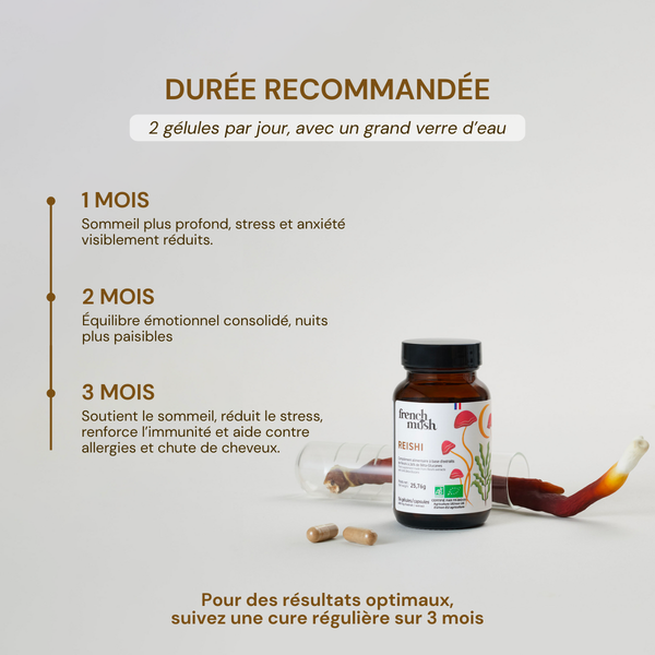 French Mush compléments alimentaires à base d'extraits de champignons médicinaux biologiques fabriqués en France - REISHI - durée recommandée