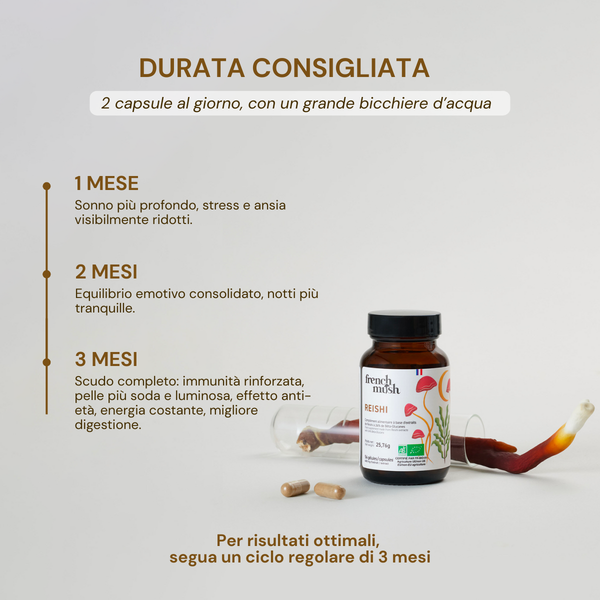 French Mush compléments alimentaires à base d'extraits de champignons médicinaux biologiques fabriqués en France -Durée de recommandation- REISHI