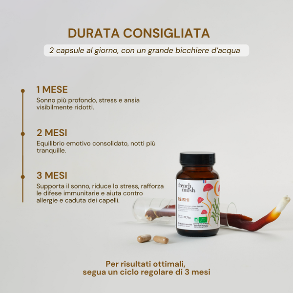 French Mush compléments alimentaires à base d'extraits de champignons médicinaux biologiques fabriqués en France - REISHI - durée recommandée