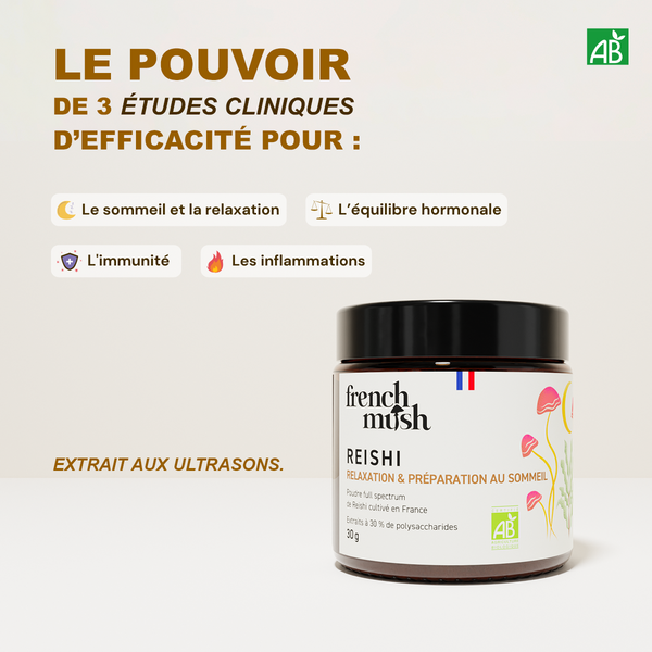 French Mush compléments alimentaires à base d'extraits de champignons médicinaux biologiques fabriqués en France - extraction aux ultrasons - Reishi