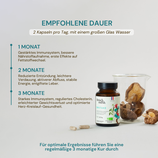 French Mush compléments alimentaires à base d'extraits de champignons médicinaux biologiques fabriqués en France -Durée de recommandation- SHIITAKE