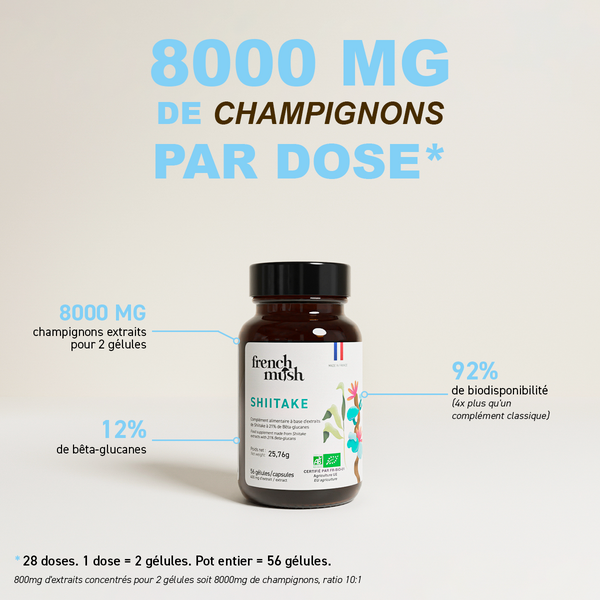 French Mush compléments alimentaires à base d'extraits de champignons médicinaux biologiques fabriqués en France - 800mg d'extraits concentrés par dose - Shiitake