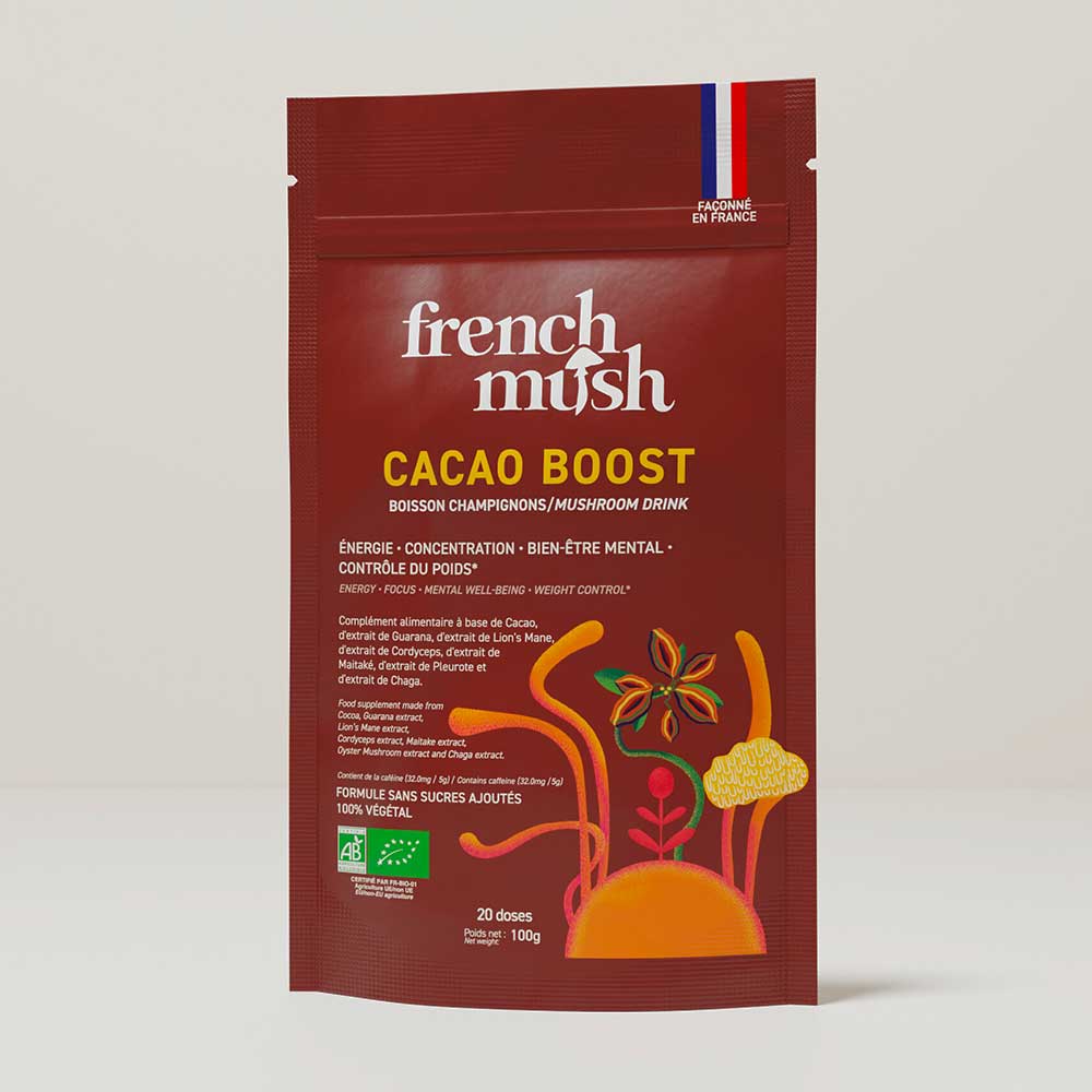 French Mush compléments alimentaires à base d'extraits de champignons médicinaux biologiques fabriqués en France - Boisson Boost Bio · Cacao - French Mush - boisson