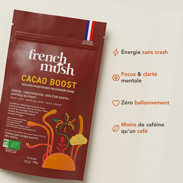 French Mush compléments alimentaires à base d'extraits de champignons médicinaux biologiques fabriqués en France Boisson Boost Bio · Cacao - boisson -