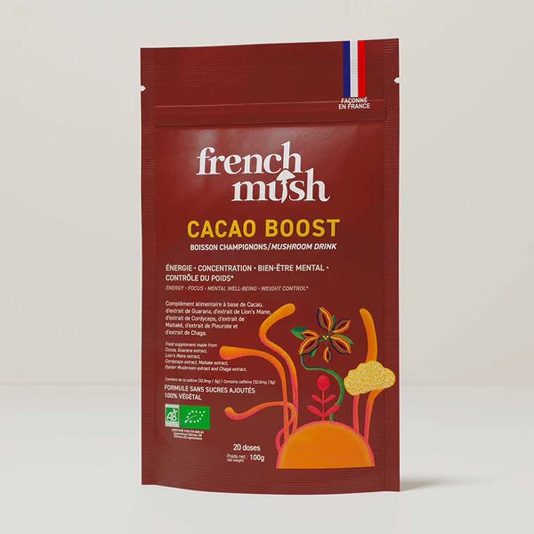 French Mush compléments alimentaires à base d'extraits de champignons médicinaux biologiques fabriqués en France - Boisson Boost Bio · Cacao - French Mush-boisson