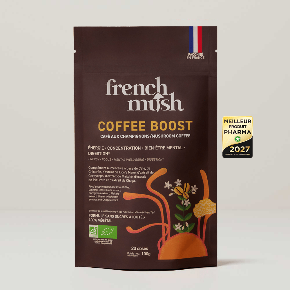 French Mush compléments alimentaires à base d'extraits de champignons médicinaux biologiques fabriqués en France Boisson Boost Bio · Café - boisson -