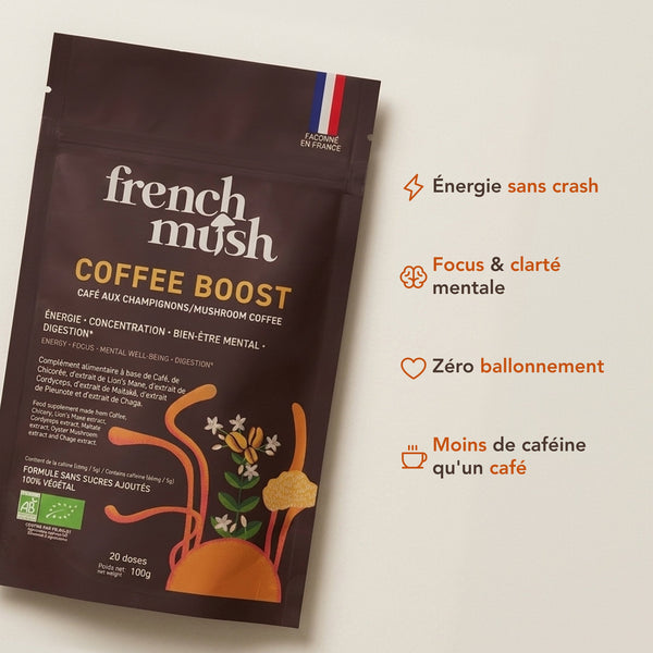 French Mush compléments alimentaires à base d'extraits de champignons médicinaux biologiques fabriqués en France Boisson Boost Bio · Café - boisson -