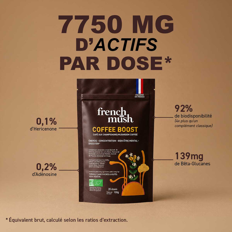 French Mush compléments alimentaires à base d'extraits de champignons médicinaux biologiques fabriqués en France Boisson Boost Bio · Café - boisson -