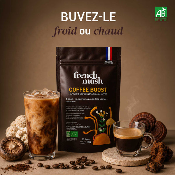 French Mush compléments alimentaires à base d'extraits de champignons médicinaux biologiques fabriqués en France Boisson Boost Bio · Café - boisson -