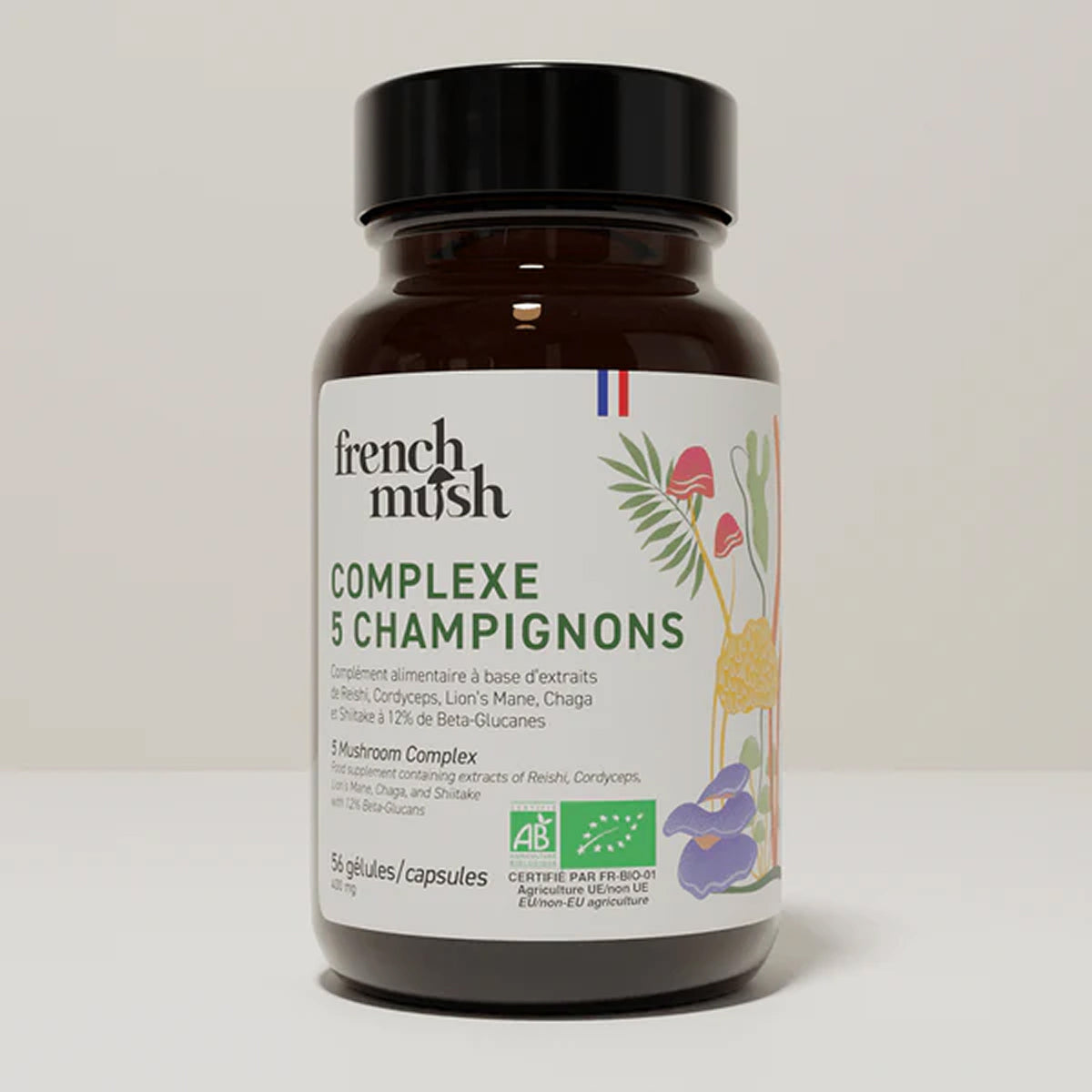 French Mush compléments alimentaires à base d'extraits de champignons médicinaux biologiques fabriqués en France - Complexe 5 Champignons Bio - French Mush-gélules